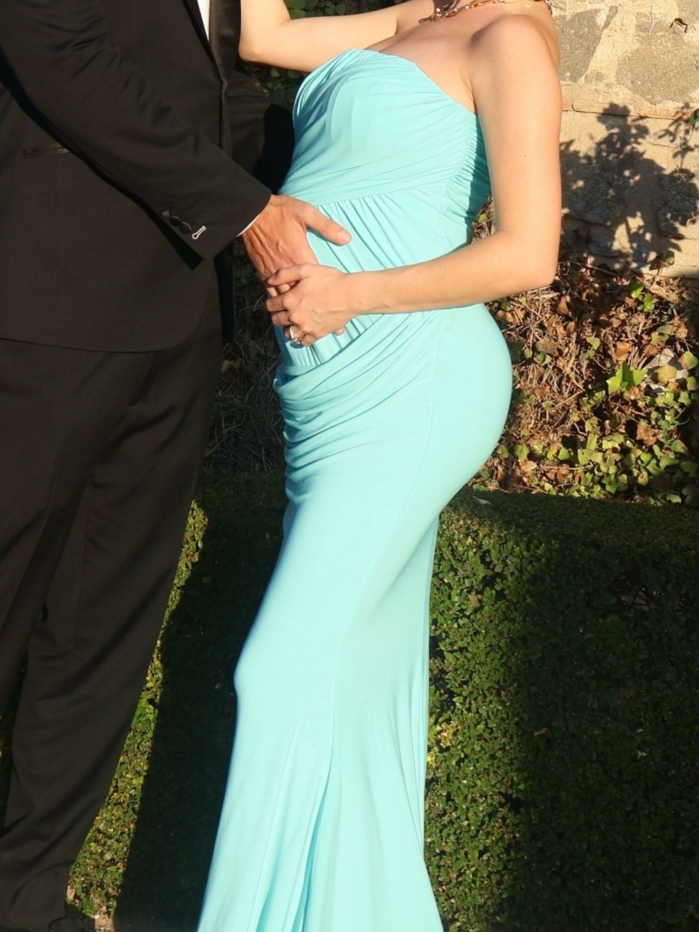 Elegant Aqua One-Shoulder Evening Gown - maternity